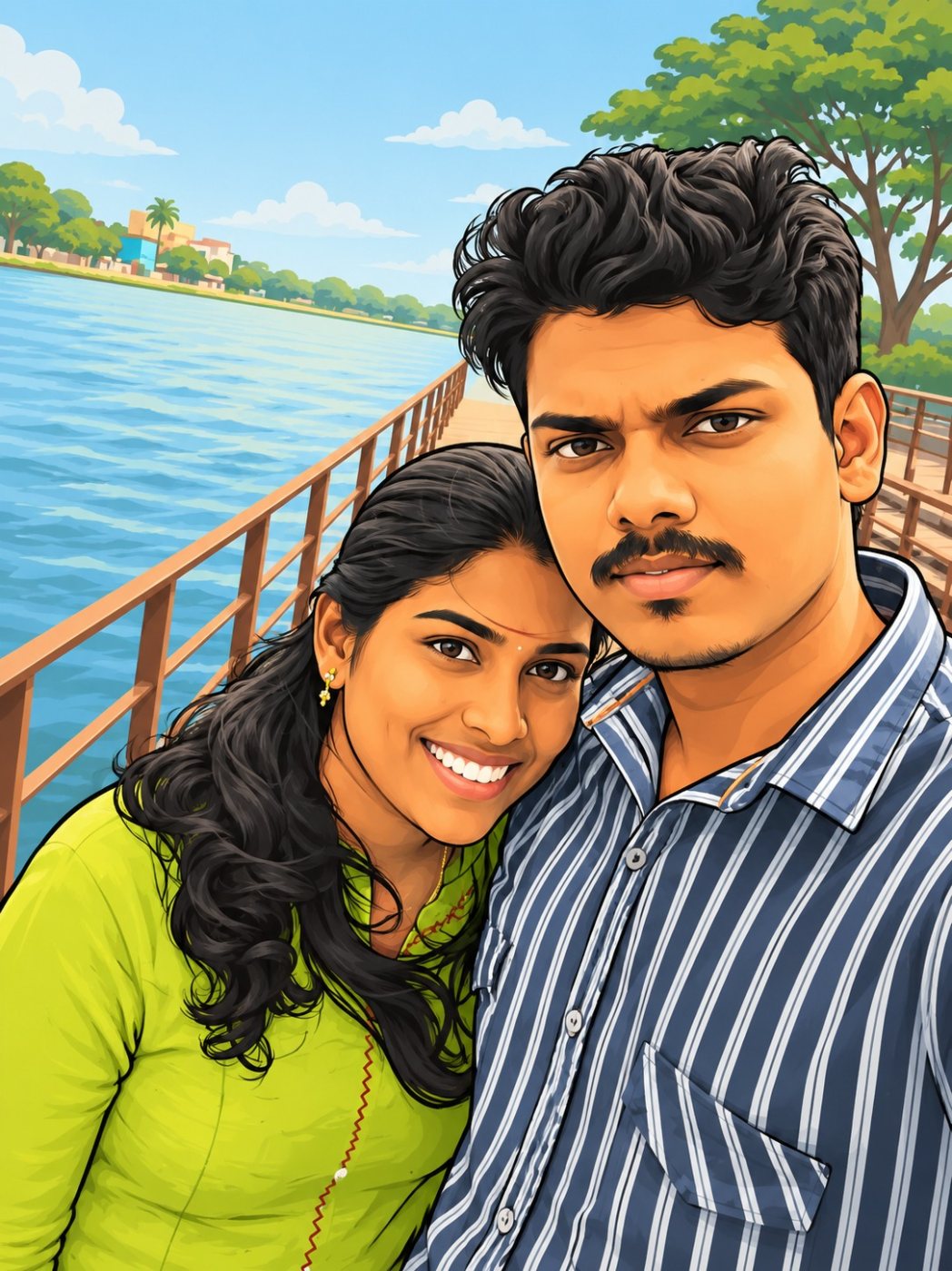 Kaviya and Prakash by the lake, illustrated portrait